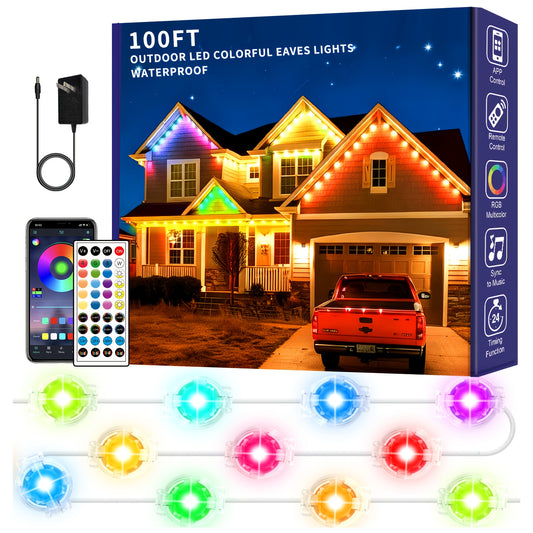 Smart RGB+White Color-Changing Outdoor Eaves Lights with App & Remote Control, IP67 Waterproof RGB LED Eave Lighting System, 72 Scene Modes for Christmas, Parties, for home Exterior, Patio, Garden (Compatible with)