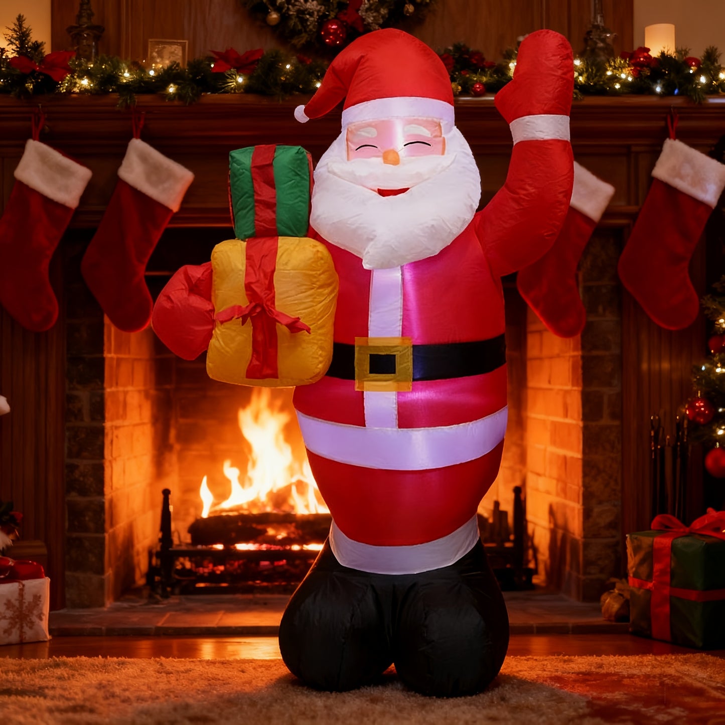 Santa Claus Inflable de 5 ft con Caja de Regalo Iluminada – Decoración Navideña para Exteriores con LED